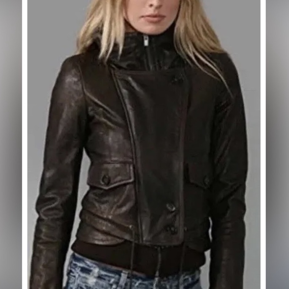 Theory Brown Leathered Bomber Jacket